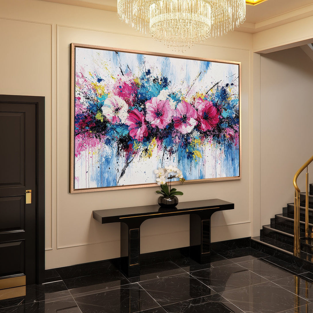 Framed Wall Art featuring vibrant floral abstract art in pink, blue, and white. Modern style canvas print adds elegance to any interior.