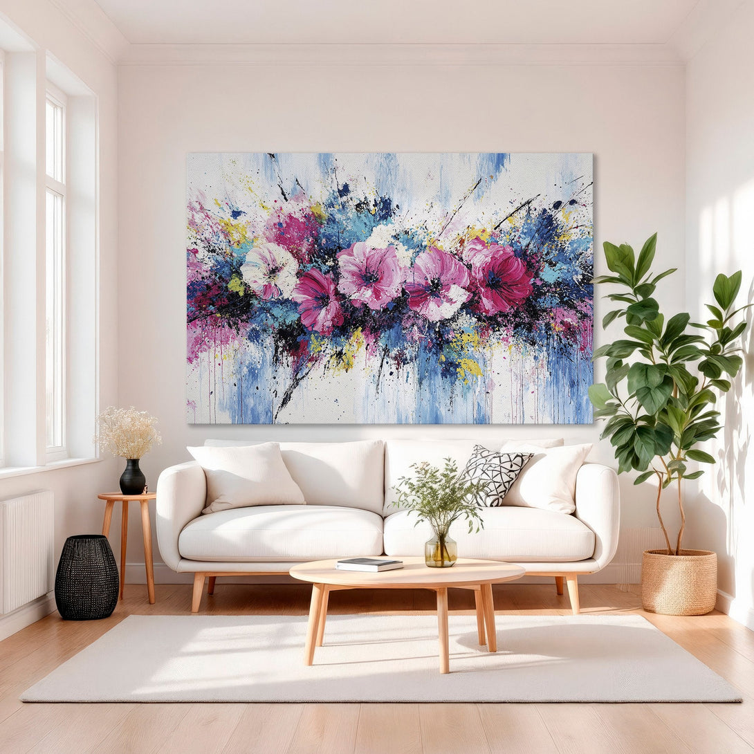 Framed Wall Art featuring abstract floral design in pinks, blues, and yellows. Modern canvas print adds vibrant color to any interior.