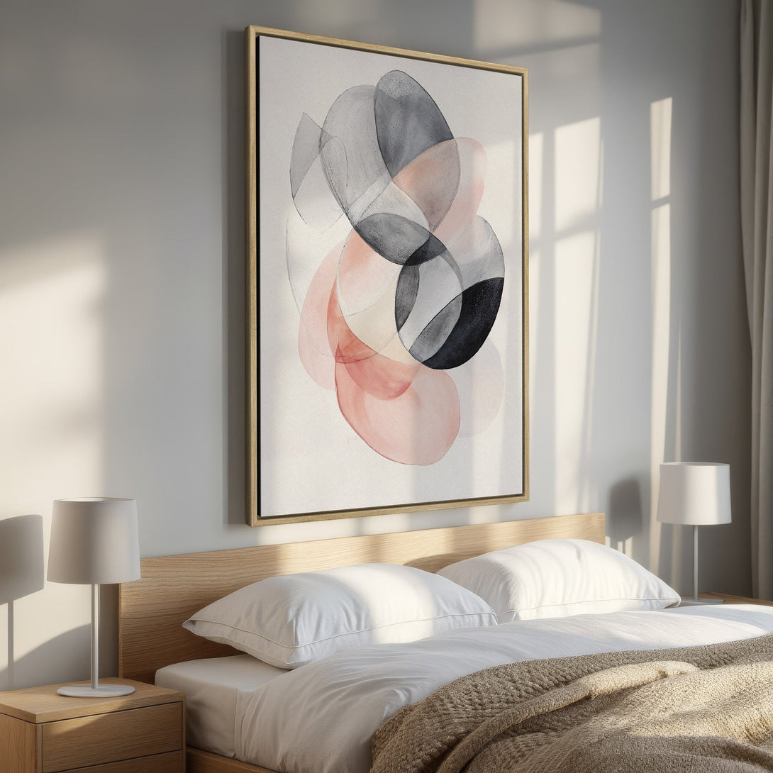 Framed Wall Art featuring abstract watercolor design in gray and blush tones. Modern art for bedroom decor, adds a touch of elegance.