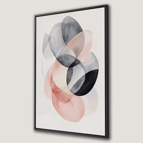 Framed Wall Art featuring an abstract watercolor design with overlapping shapes in blush, grey, and black tones. Modern art for your home decor.