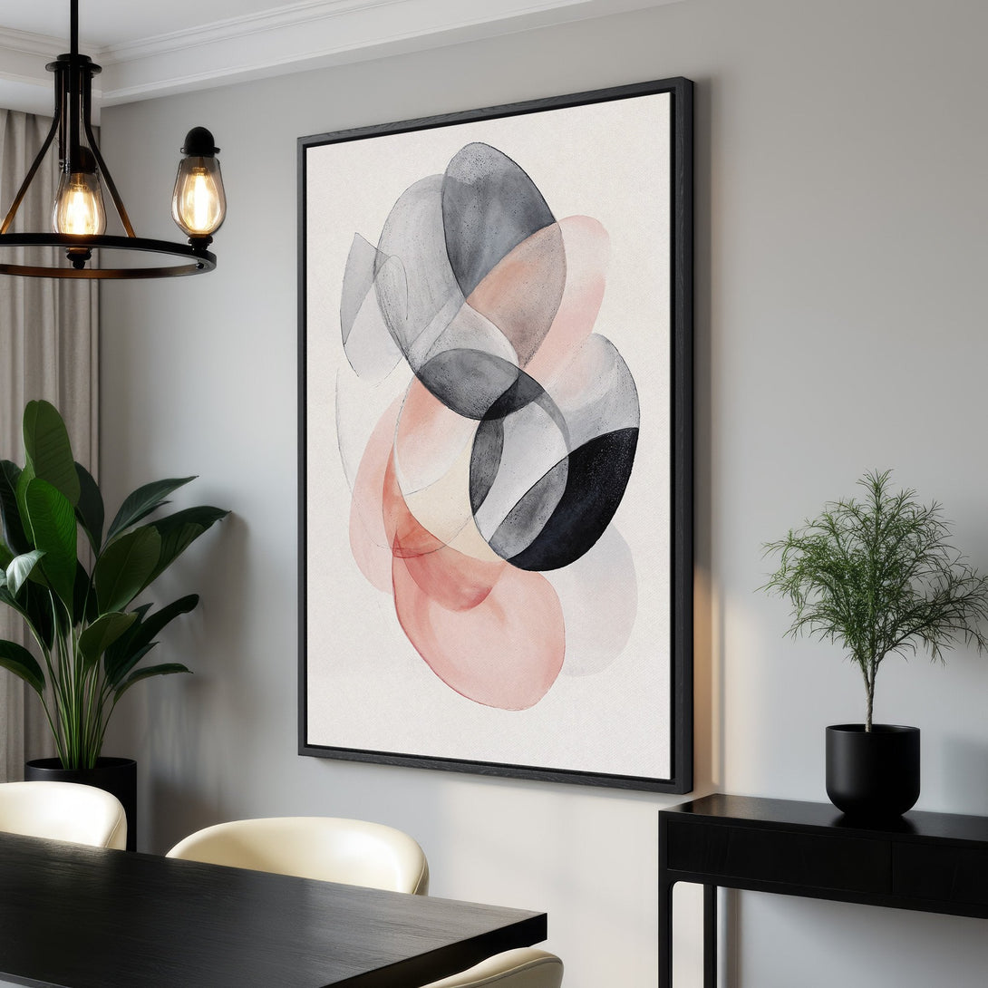 Framed Wall Art featuring abstract watercolor design in blush, grey, and black. Modern artwork for home decor. Enhance your space with this stylish Canvas Print.