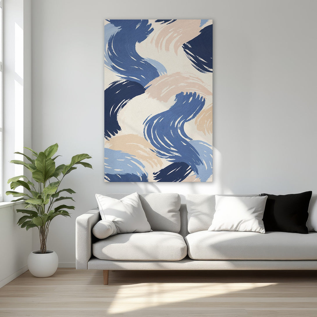 Framed Wall Art: Abstract brushstroke canvas print in blue, blush, and beige. Modern art for bedroom decor. Shop now!