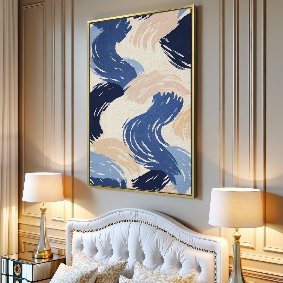 Abstract Canvas Print in blue, beige, and cream tones. Modern art style, perfect for living room decor. Add a touch of elegance to your space!
