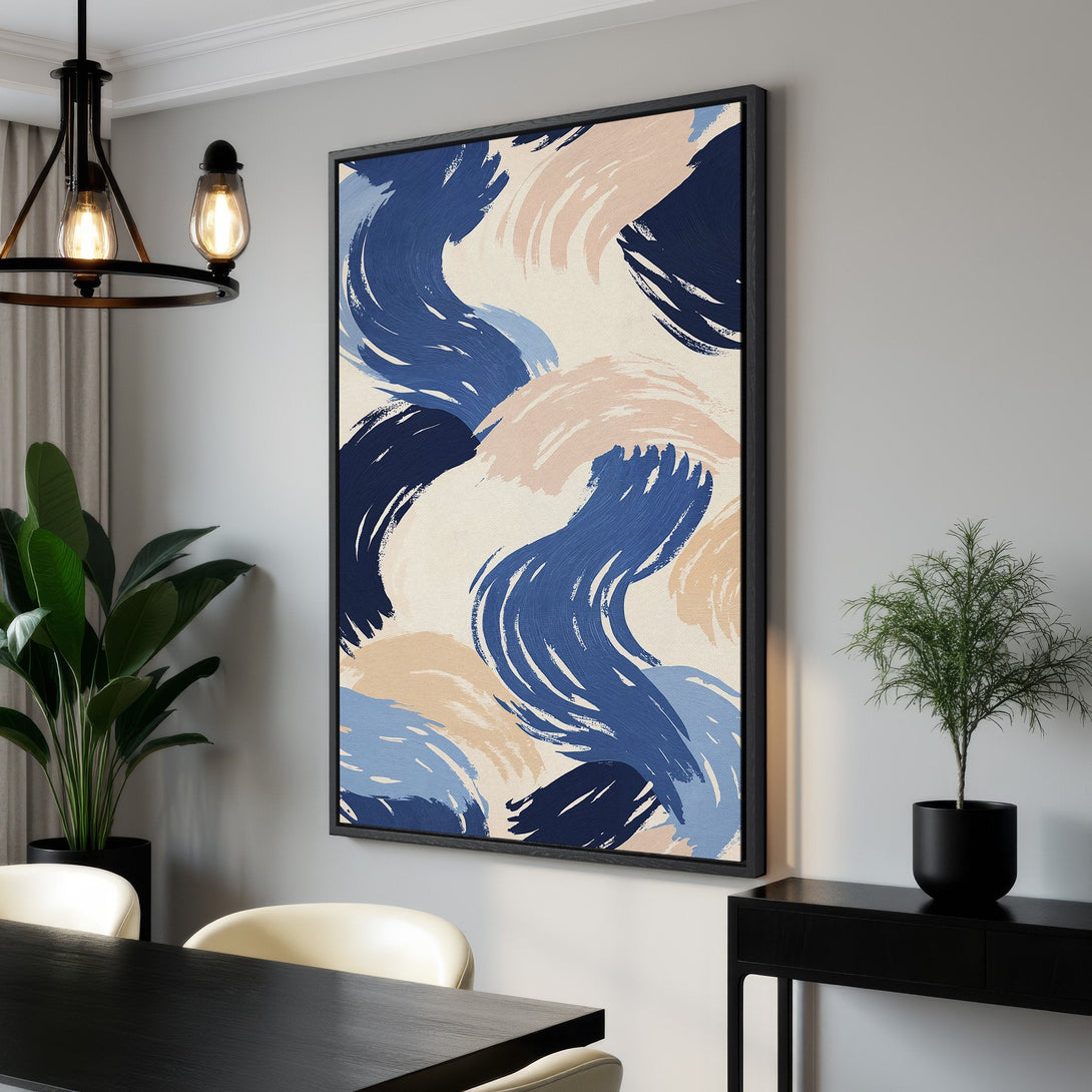 Framed Wall Art: Abstract brushstroke design in blue, navy, and beige. Modern canvas print for living room or dining room decor.
