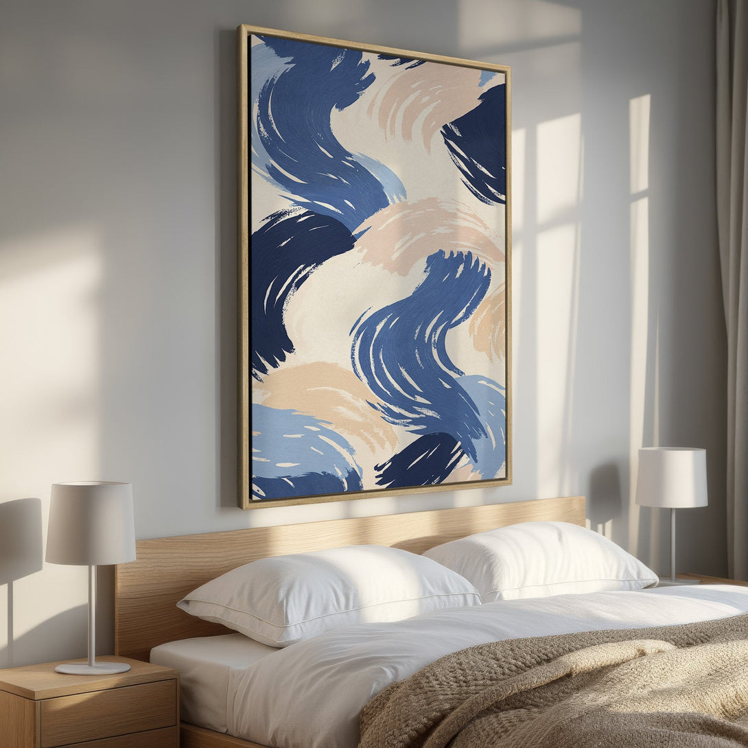 Framed Wall Art: Abstract brushstroke design in blue and blush tones. Modern canvas print for bedroom decor. Elevate your space with stylish art!