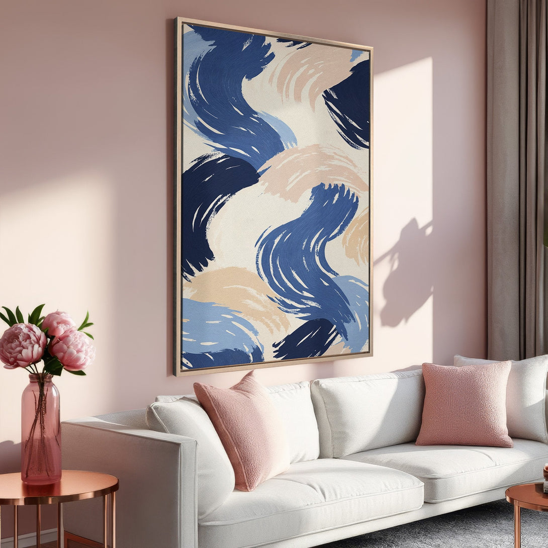 Framed Wall Art featuring abstract brushstrokes in navy, blue, and blush tones. Modern art for living room decor.