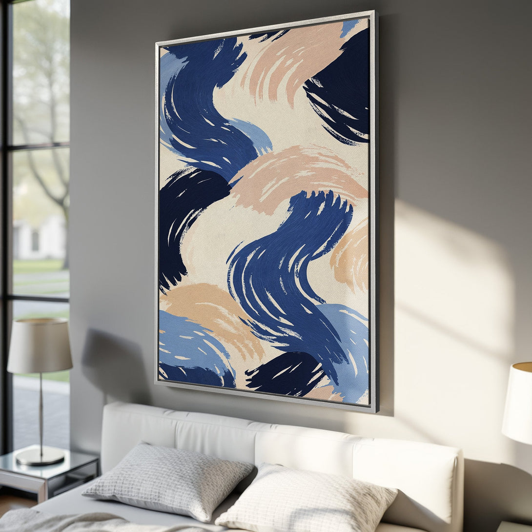 Framed Wall Art: Abstract brushstroke art in blue, beige, and blush tones. Modern canvas print for bedroom decor. Enhance your space with this stylish artwork.