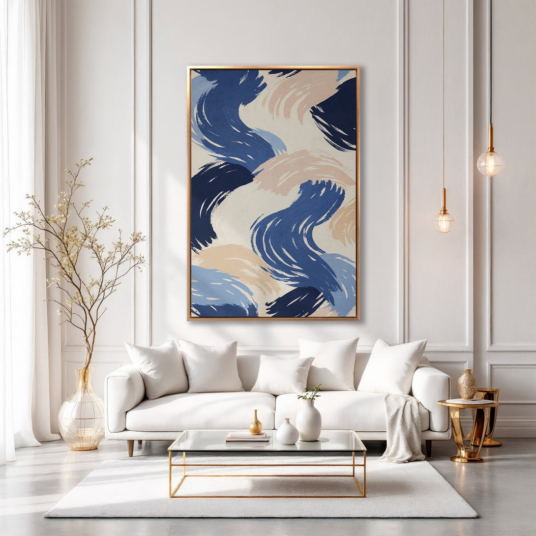 Framed Wall Art featuring abstract brushstrokes in blue and blush tones. Modern art for living room decor.