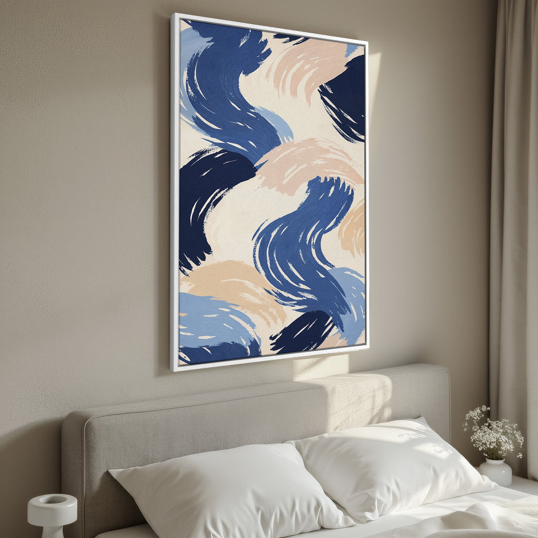 Abstract Canvas Print in a bedroom featuring brushstroke art in blue, beige, and navy. Modern wall decor for a stylish interior.