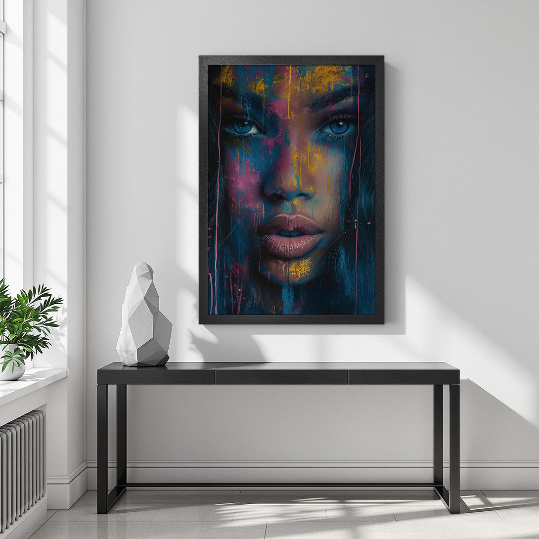 Framed Poster featuring a vibrant abstract portrait with blue, pink, and yellow color palette. Perfect art for your home!