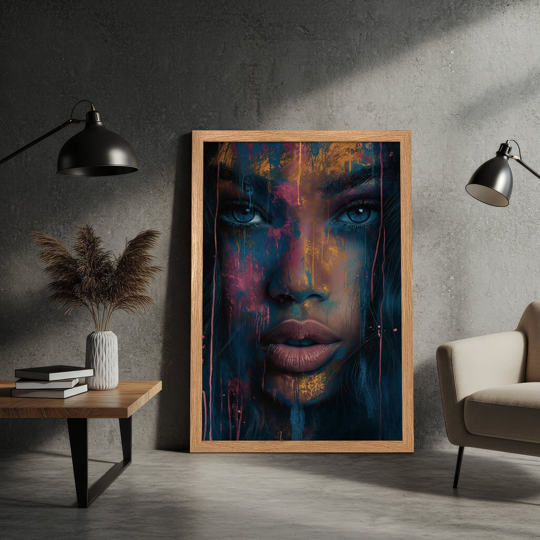 Framed Poster featuring a woman's face in a modern, abstract style with a vibrant blue, pink & gold color palette. Perfect wall art!