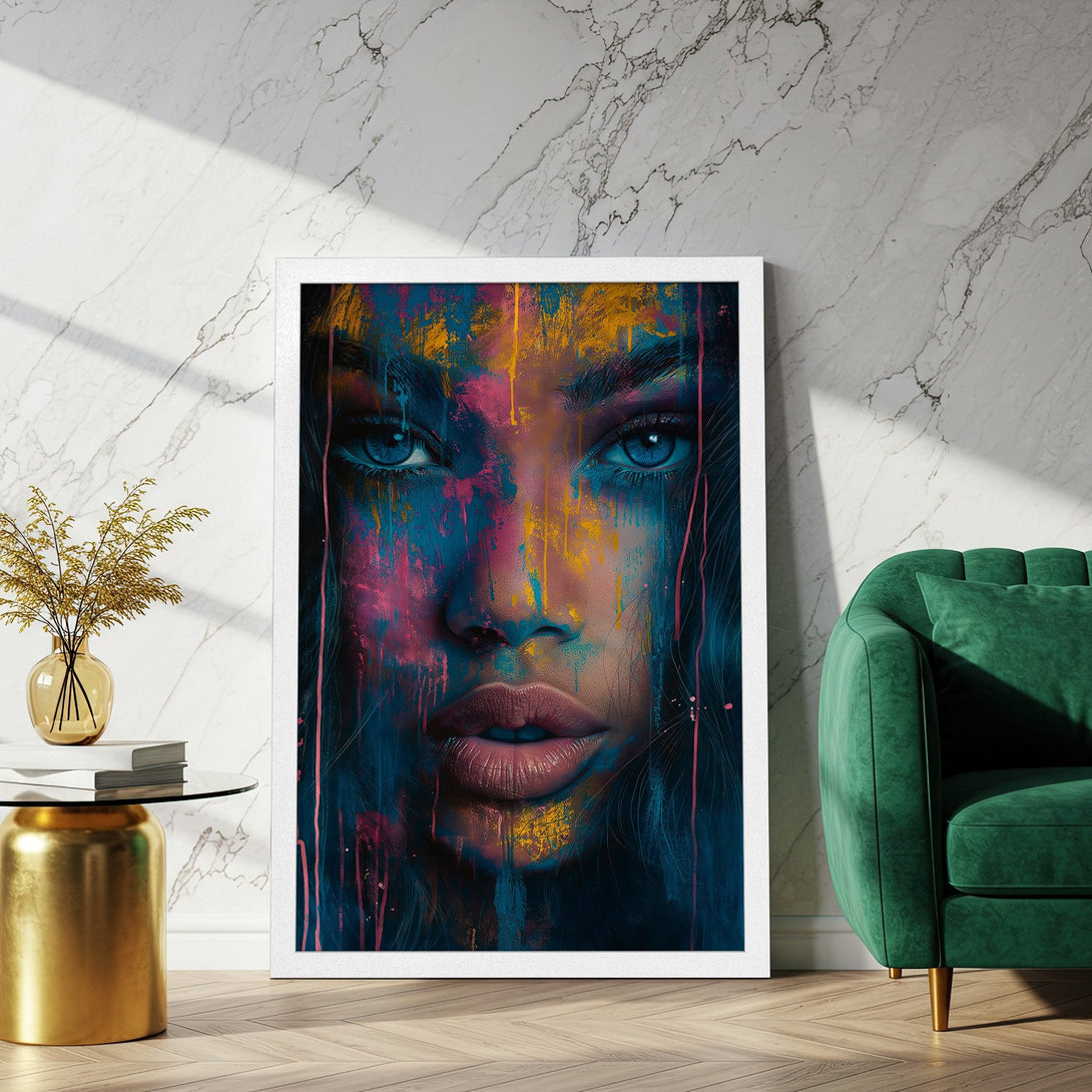 Framed Poster featuring a vibrant abstract portrait. Bold blues, pinks, and yellows create a stunning piece of art. Perfect wall decor!
