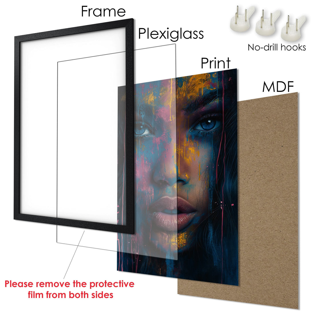 Framed Poster of a woman's face in vibrant, abstract style with blue, pink, and gold tones. Perfect wall art!