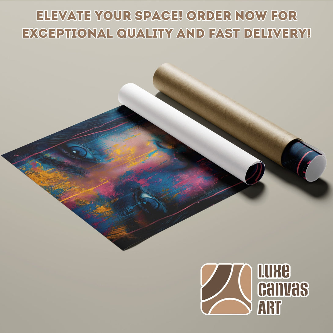 Poster Roll featuring a vibrant abstract portrait in blue, pink, and yellow hues. Elevate your space with this stunning art print!
