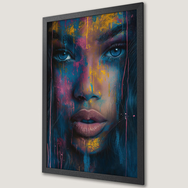 Framed Poster featuring a woman's face with vibrant abstract paint strokes. Bold colors: blue, pink, yellow. Modern art style.