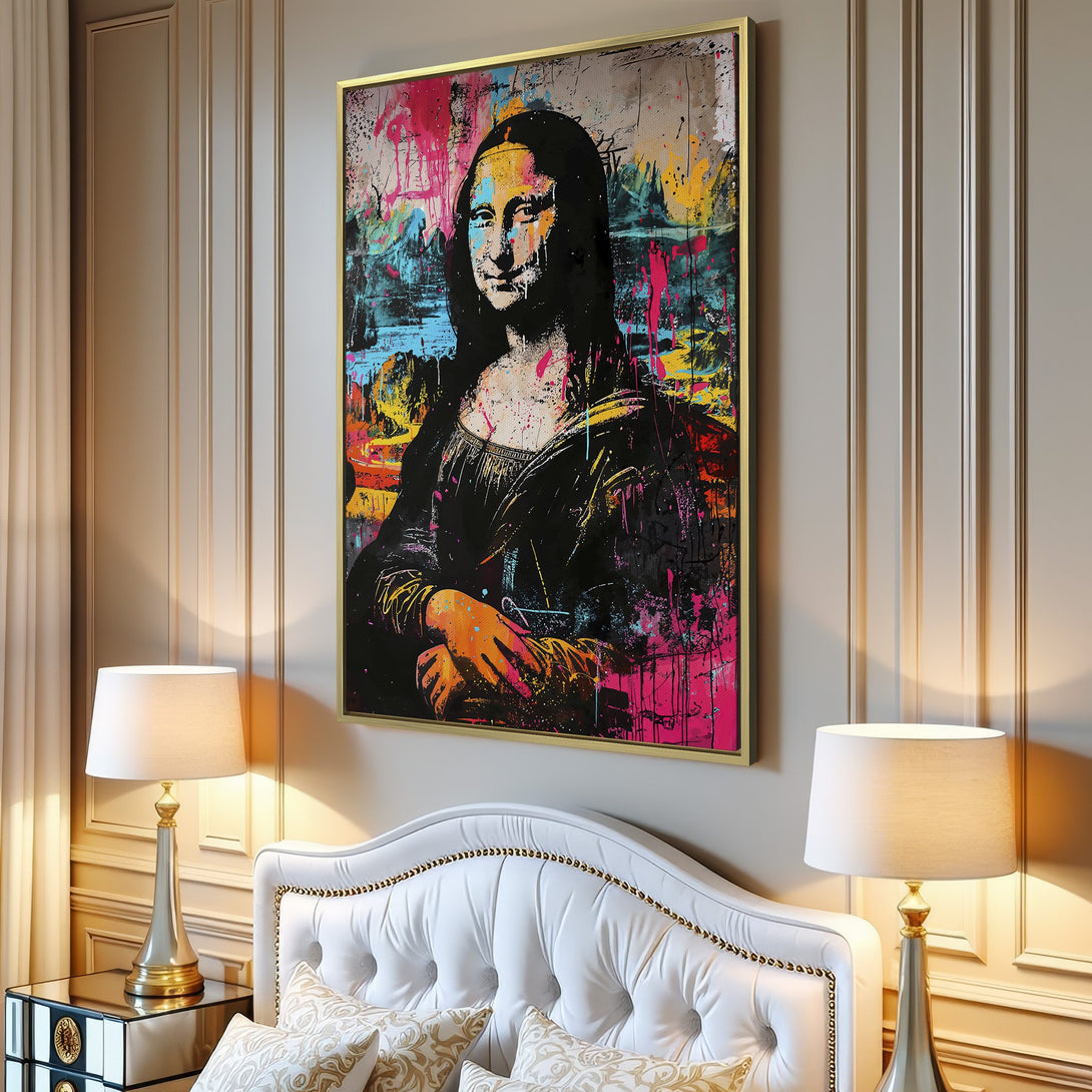 Canvas Print of Mona Lisa in a modern graffiti style, featuring a vibrant, colorful palette of pink, blue, yellow, and black. Perfect wall art!