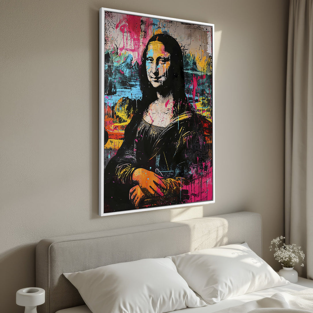 Framed Wall Art: Modern Mona Lisa Canvas Print in vibrant graffiti style. Colorful artwork with pink, blue, yellow, and black hues. Perfect for bedroom decor!