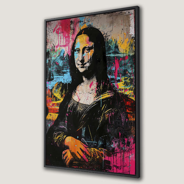 Framed Wall Art: Mona Lisa pop art Canvas Print with vibrant colors. Modern art featuring a colorful, graffiti-style reimagining of the iconic portrait.