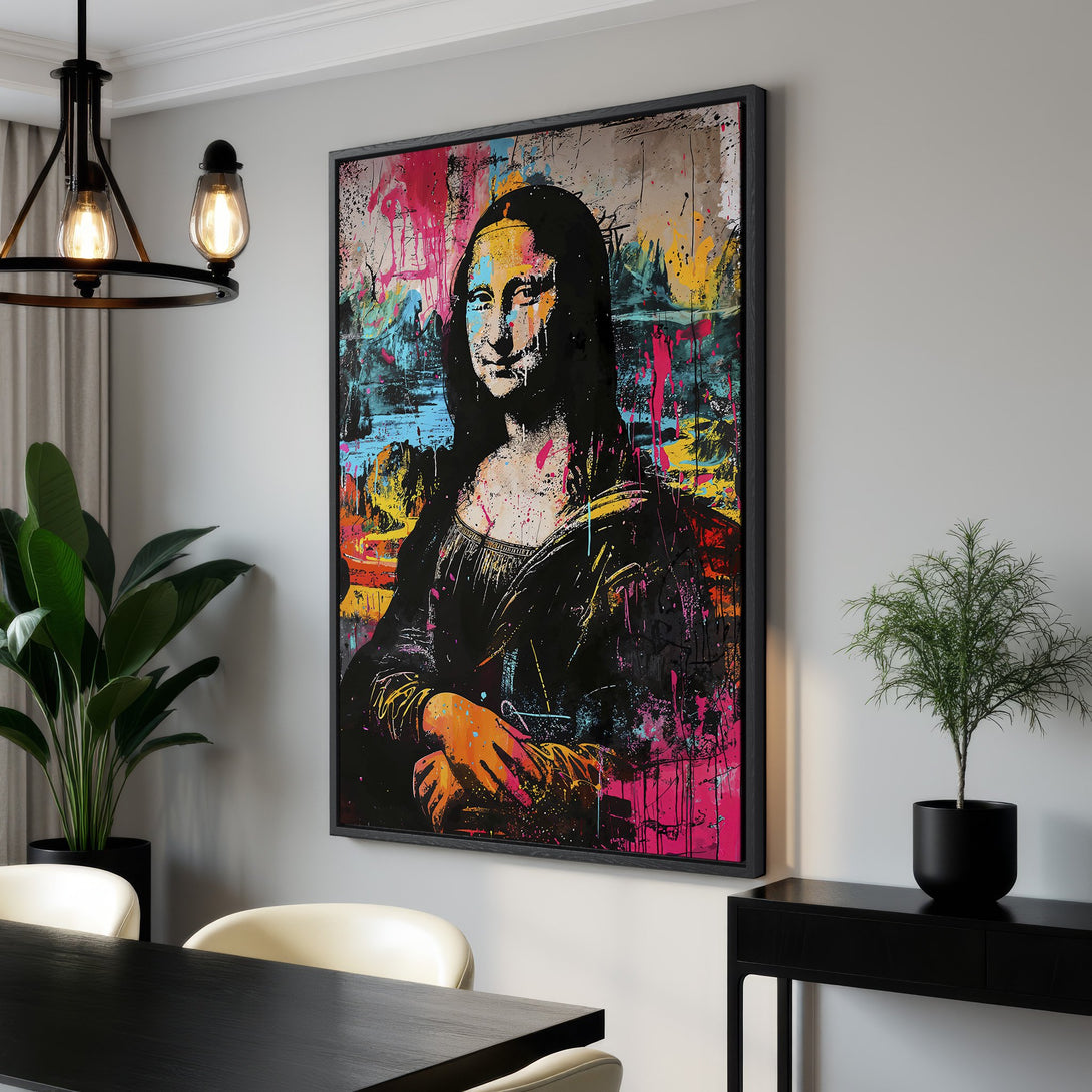Framed Wall Art: Modern Mona Lisa Canvas Print with vibrant, colorful graffiti-style art. Perfect for adding a pop of color to any room.