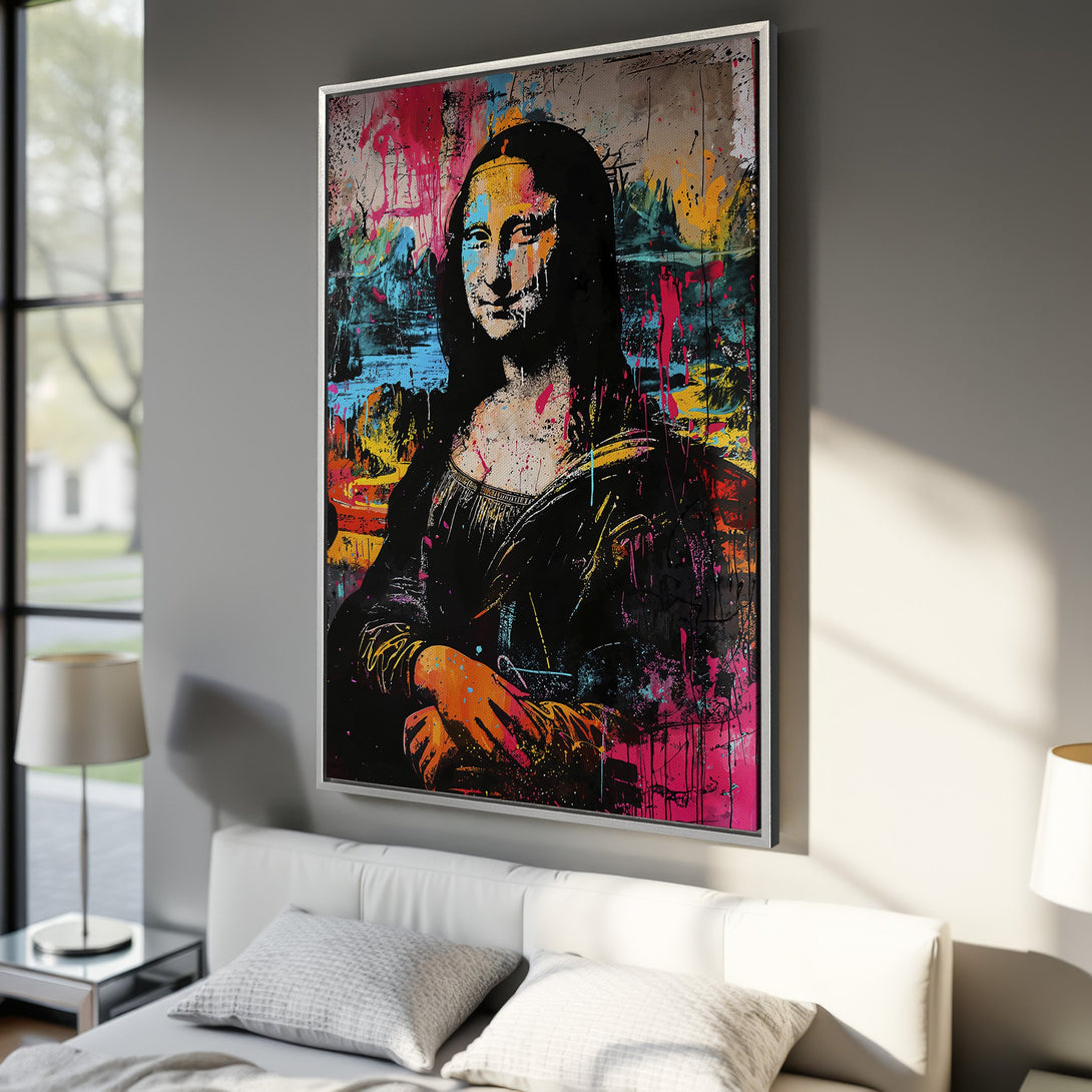Framed Wall Art: Modern Mona Lisa Canvas Print with vibrant, colorful abstract art. Perfect for adding a pop of color to any room.