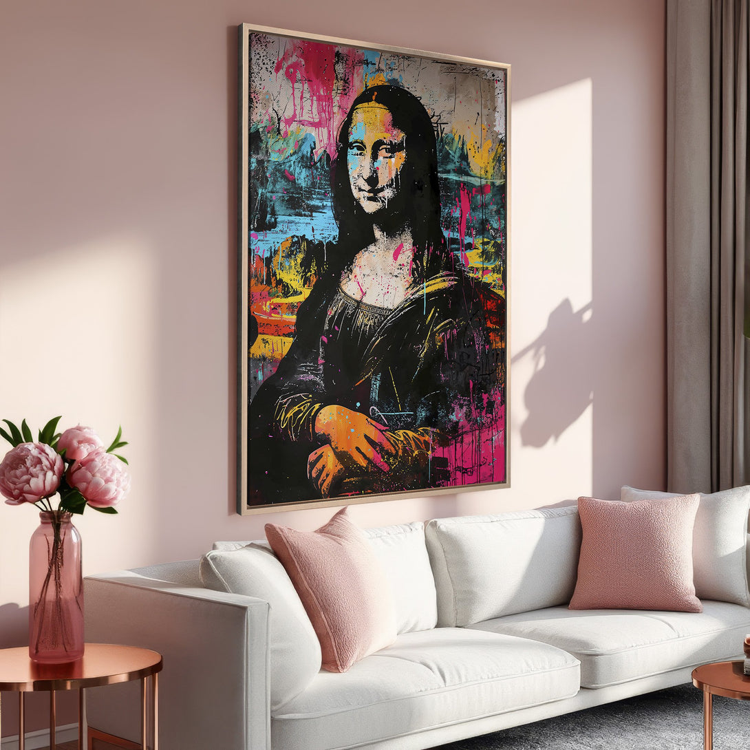 Framed Wall Art: Modern Mona Lisa Canvas Print in vibrant graffiti style, featuring a colorful palette against a soft pink interior. Elevate your space!