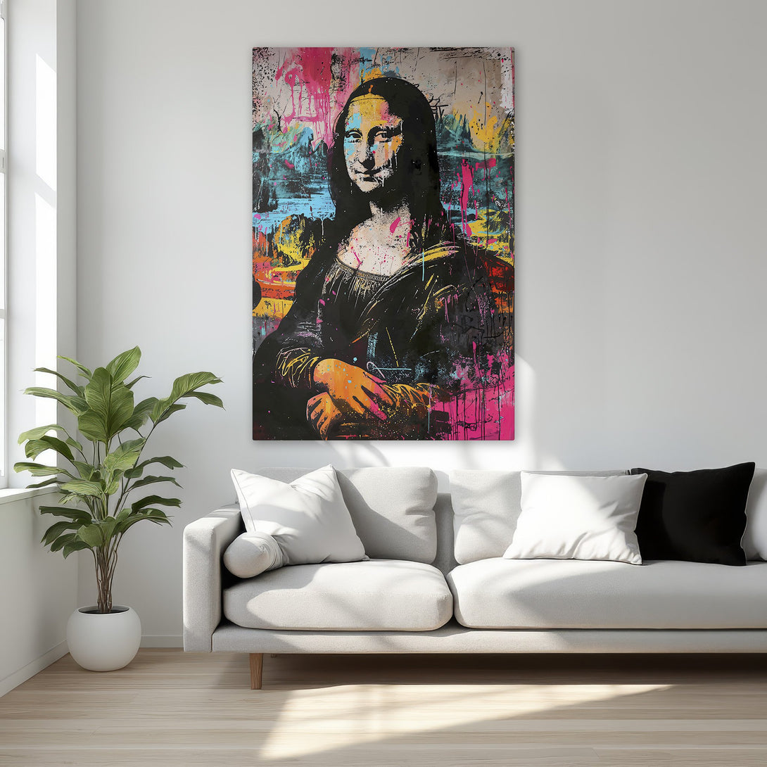 Framed Wall Art of Mona Lisa in graffiti style, vibrant pink, yellow, and blue colors. Modern decor for bedroom or living room.