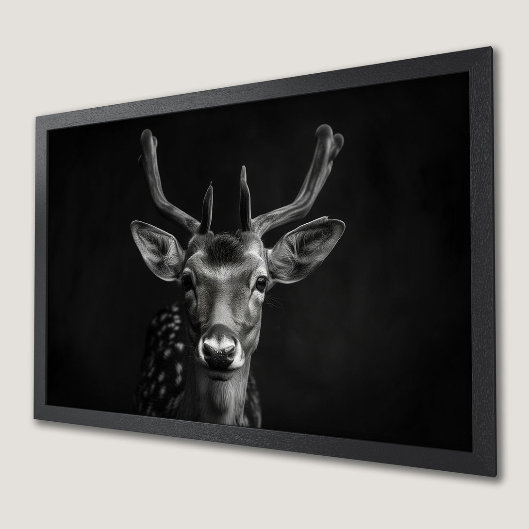 Framed Poster featuring a majestic deer in a striking black and white monochrome style. Elevate your space with this art print.