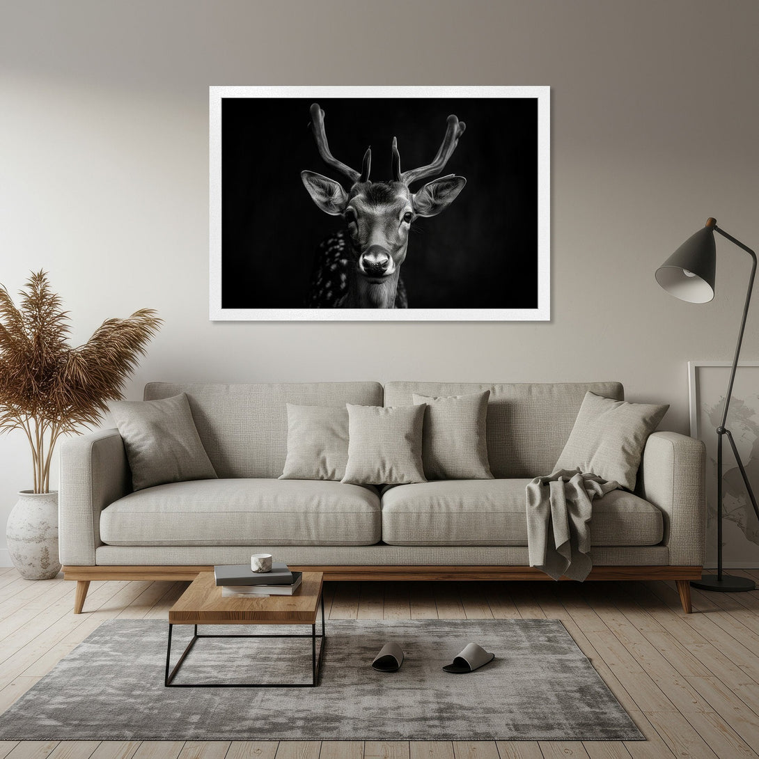 Framed Poster featuring a majestic deer in black and white. Modern art for home decor, neutral color palette.