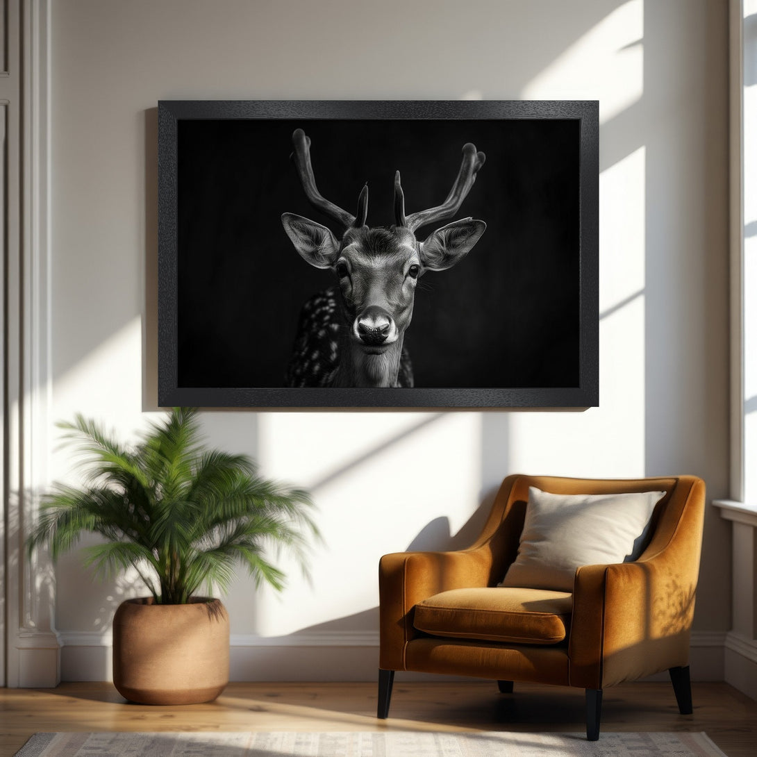 Framed Poster featuring a majestic deer in black and white. Modern art print, perfect for home decor.