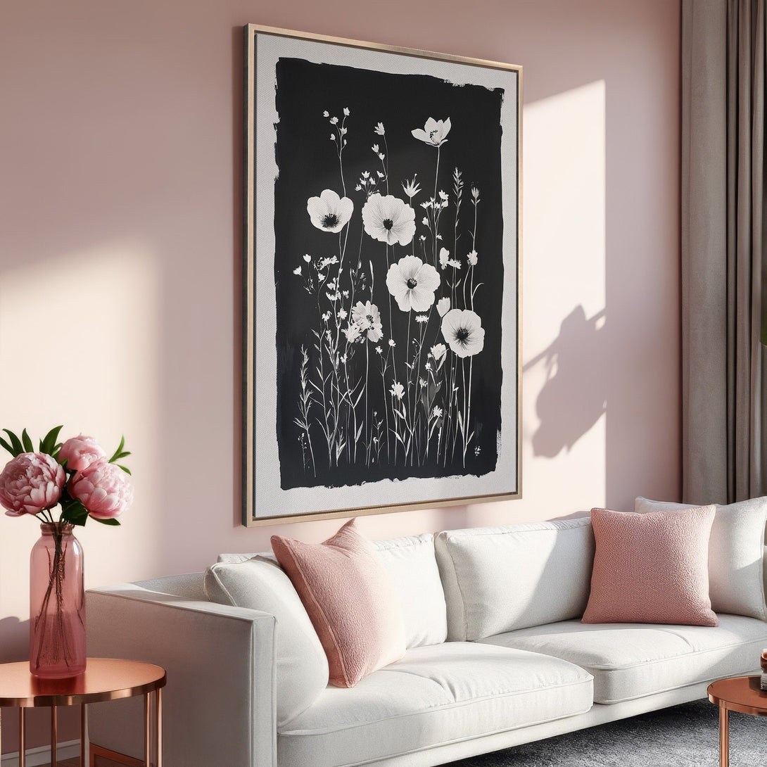 Framed Wall Art featuring a floral design in black and white. Modern, minimalist style with a blush pink and neutral color palette, perfect for home decor.