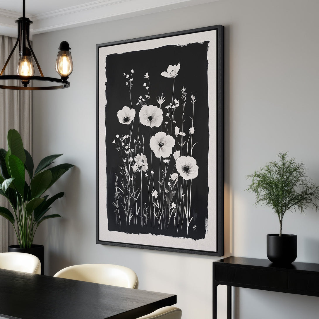 Framed Wall Art featuring a black and white floral design. Modern minimalist style canvas print perfect for any home decor. Shop now!
