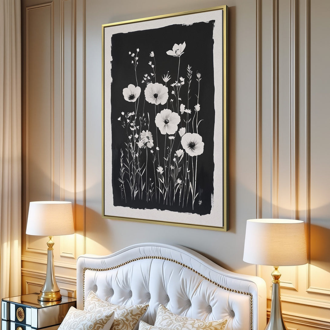 Canvas Print of floral art in a modern interior. Black and white botanical artwork adds a touch of elegance. Minimalist style, perfect for any space.