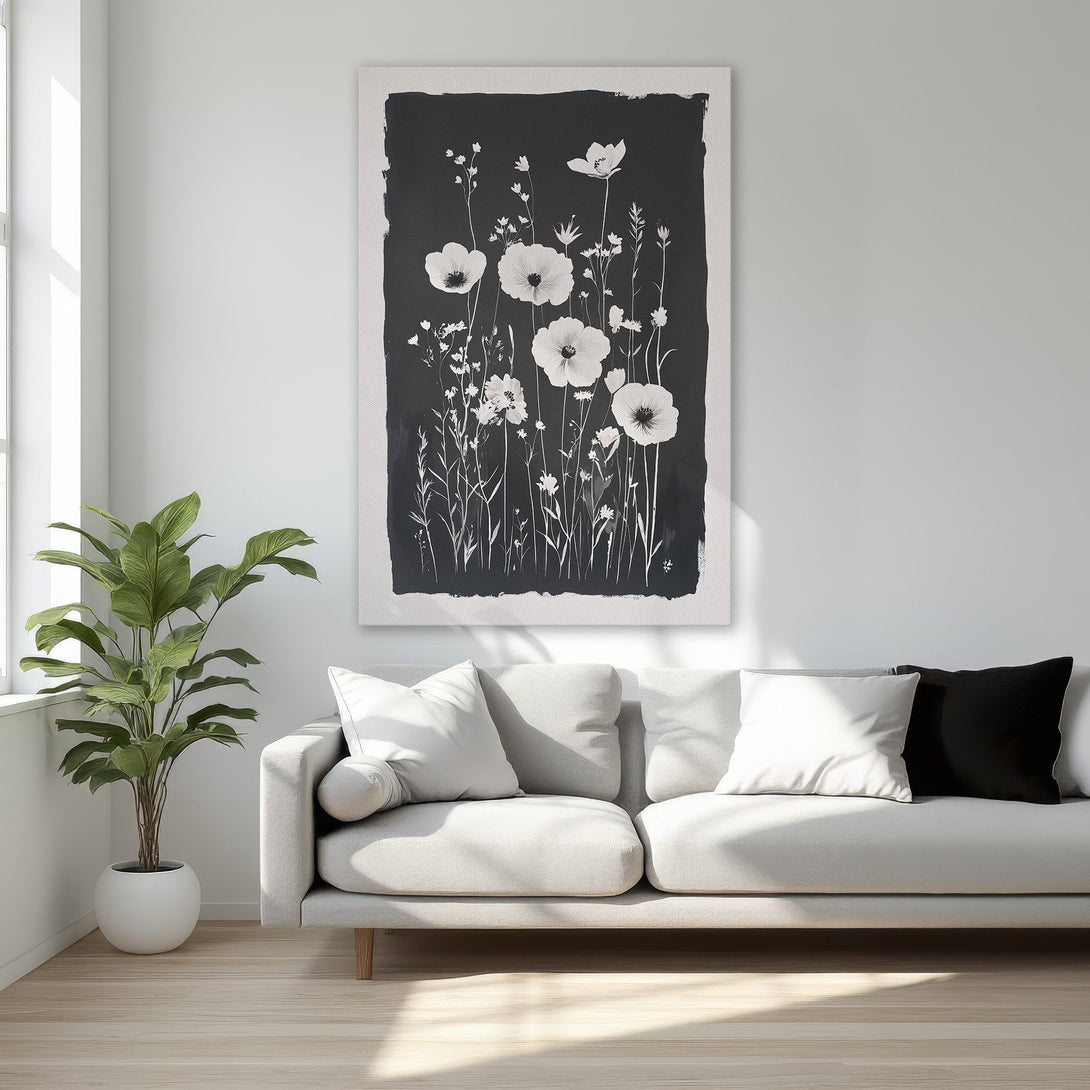 Framed Wall Art featuring elegant black and white floral design. Modern Canvas Print with a gold frame, perfect for bedroom decor.
