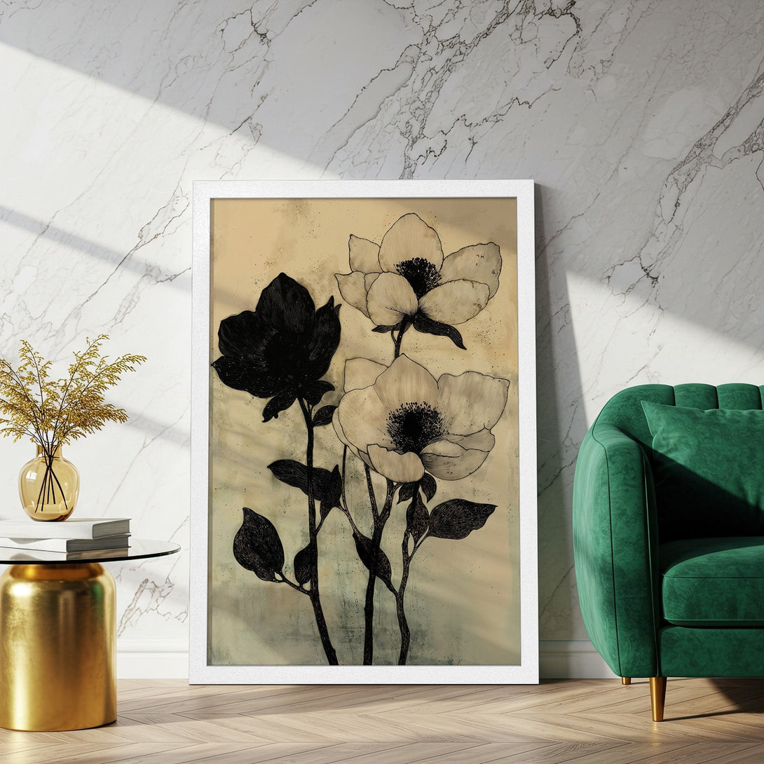 Framed Poster featuring elegant floral art in black and beige tones, perfect for modern home decor.