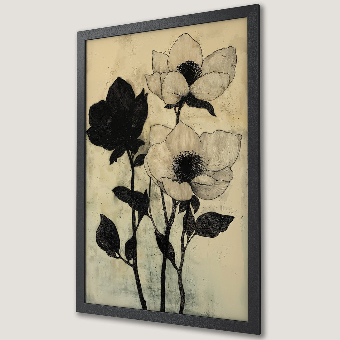 Framed Poster featuring elegant black and white floral art. Stylish botanical print with a neutral, vintage color palette. Perfect wall decor.