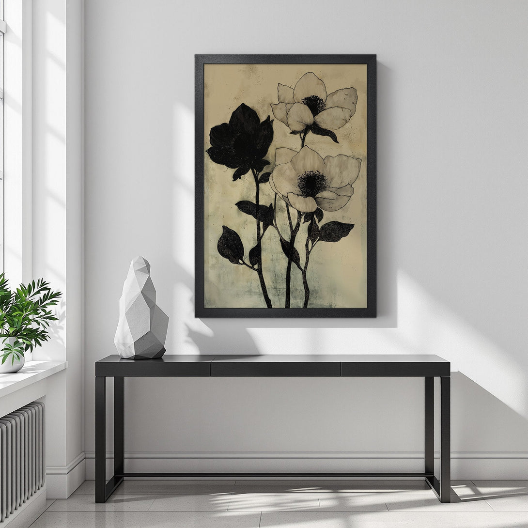 Framed Poster featuring floral art in black and cream, a stylish addition to any space.