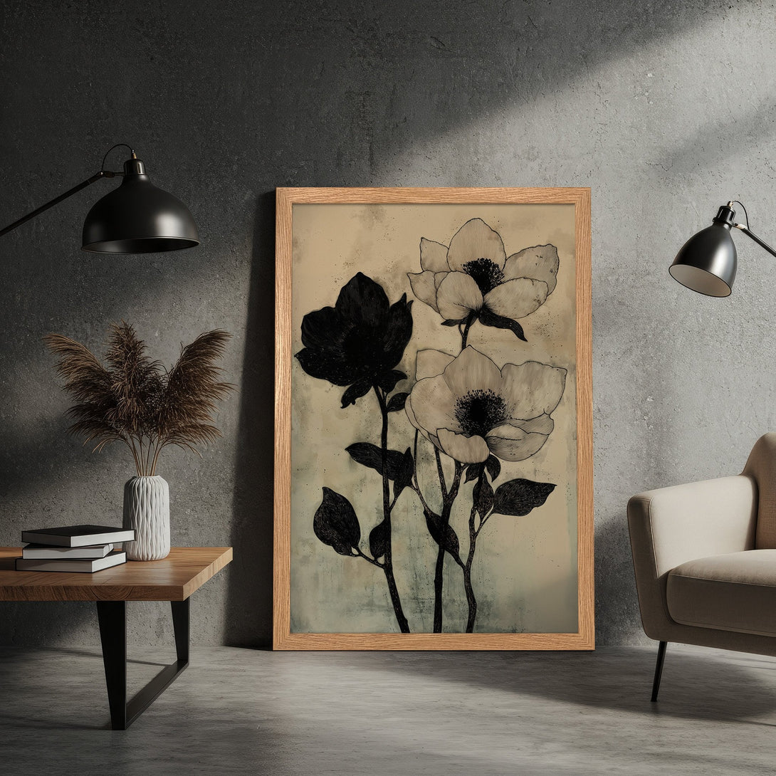 Framed Poster featuring botanical art in black and white with a neutral color palette, perfect for modern decor.