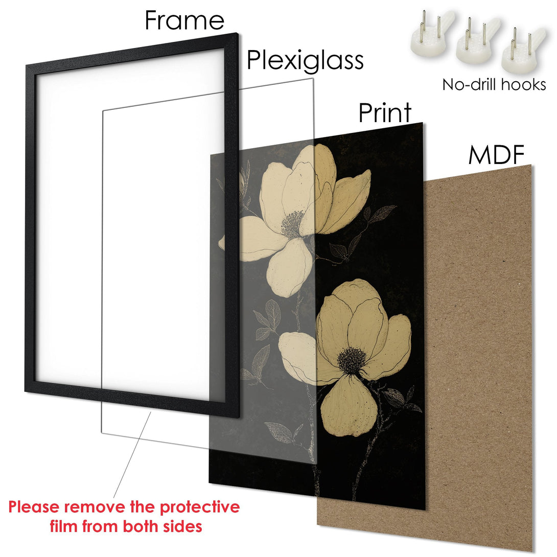 Framed Poster with floral art in black, gold, and neutral tones. Elegant wall decor for any space.