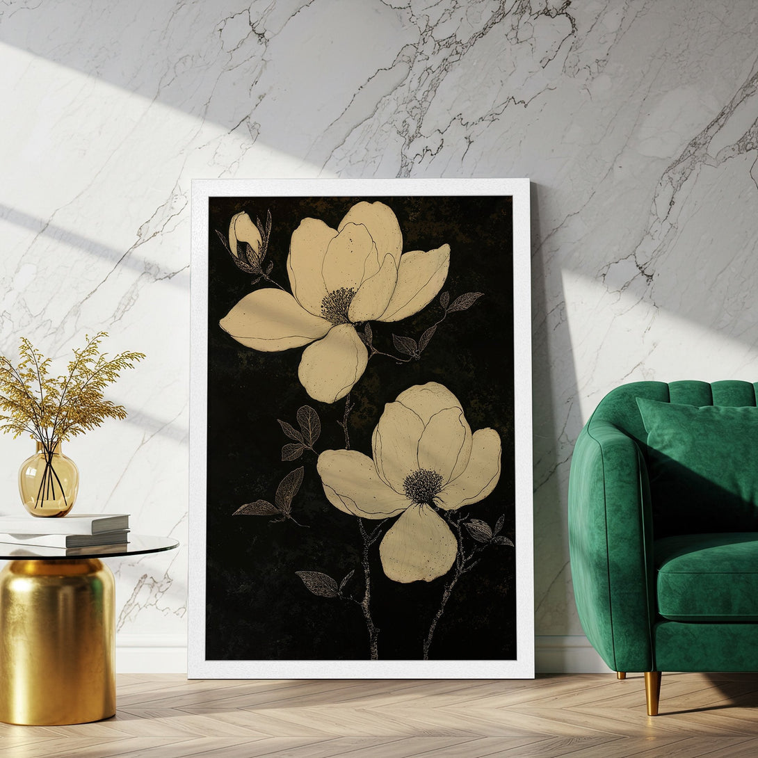 Framed Poster featuring elegant floral art in a neutral, gold and black color palette. Perfect for adding a touch of sophistication to any space.