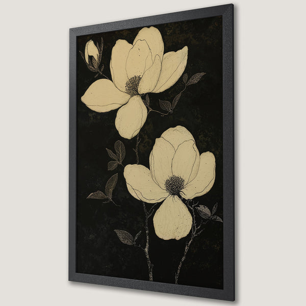 Framed Poster featuring elegant magnolia flowers in a botanical illustration style with a black and beige color palette, perfect wall art.