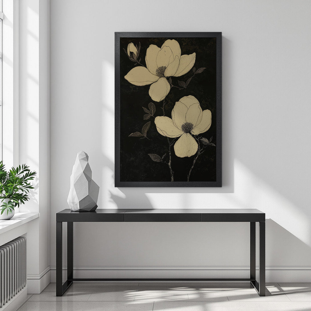 Framed Poster featuring elegant floral art in neutral tones on a dark background. Perfect wall decor for a modern home.
