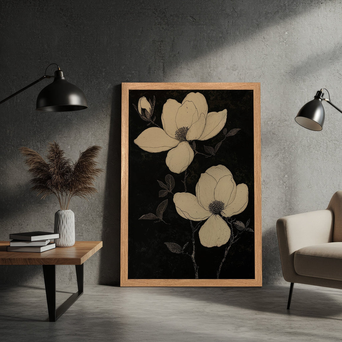 Framed Poster featuring elegant floral art in beige and black, perfect for modern home decor.