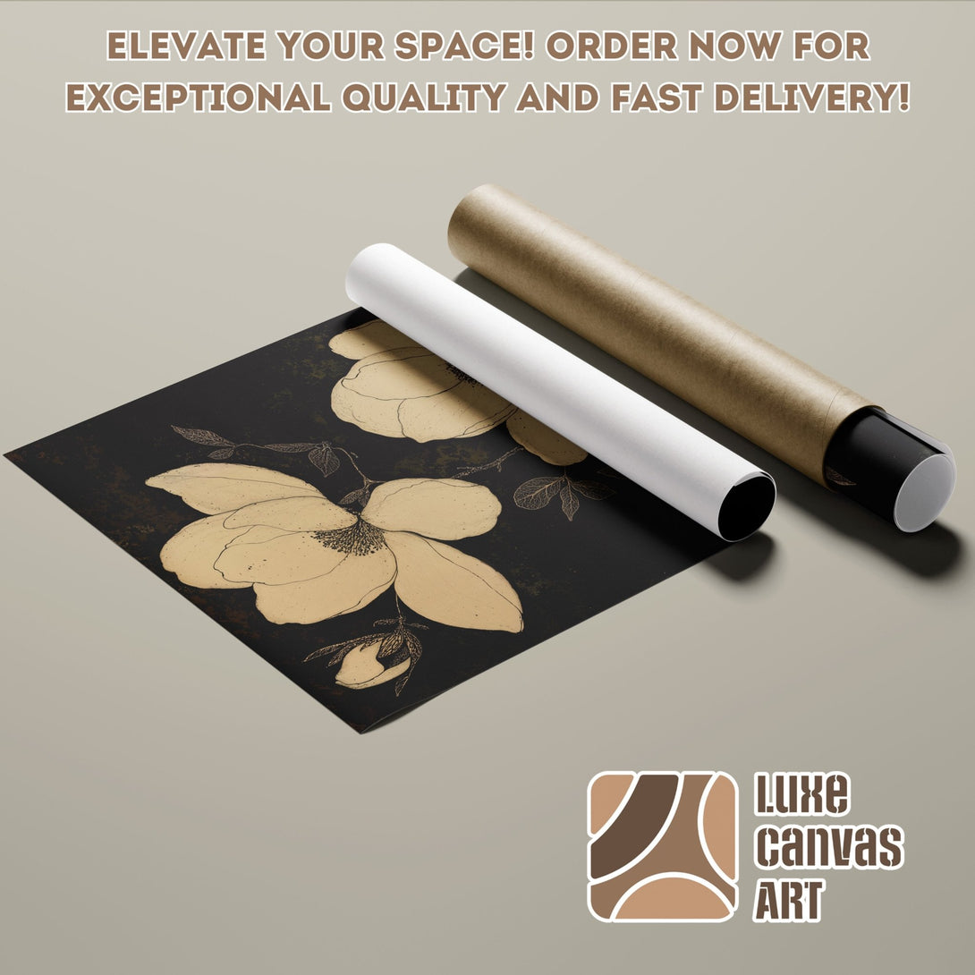 Floral Poster Roll in black & gold, modern style. Elevate your space with Luxe Canvas Art! Order now for fast delivery.