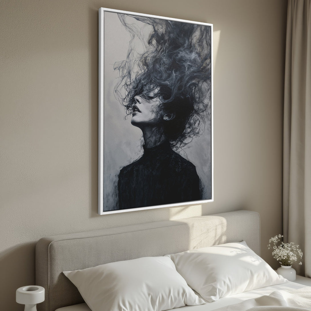 Framed Wall Art: Dramatic black and white portrait canvas print of a woman with flowing hair. Modern art in a bedroom setting.