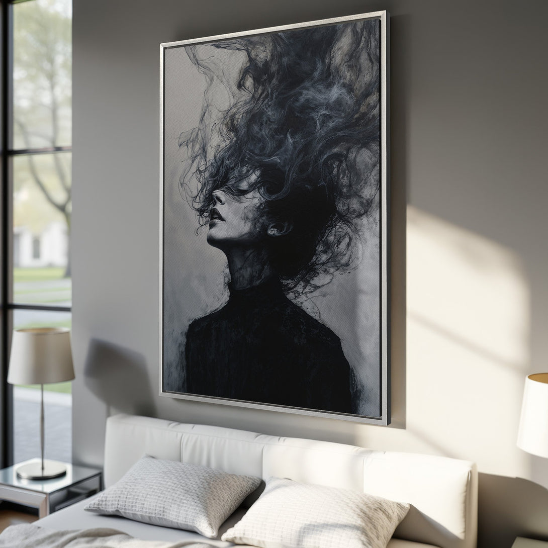 Framed Wall Art: Dramatic black and white portrait of a woman with flowing hair. Modern art canvas print perfect for bedroom decor.