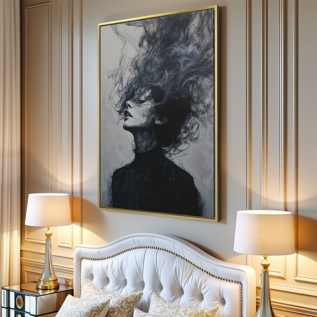 Canvas Print of a woman with flowing hair in grayscale. Modern art for home decor, featuring neutral tones and a minimalist style.