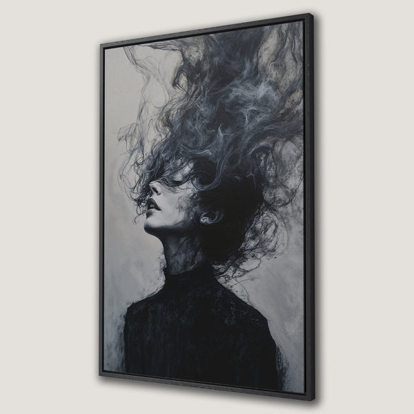 Framed Wall Art featuring a woman with flowing hair in a dramatic, monochrome style. Perfect for adding a touch of modern elegance to your home decor.