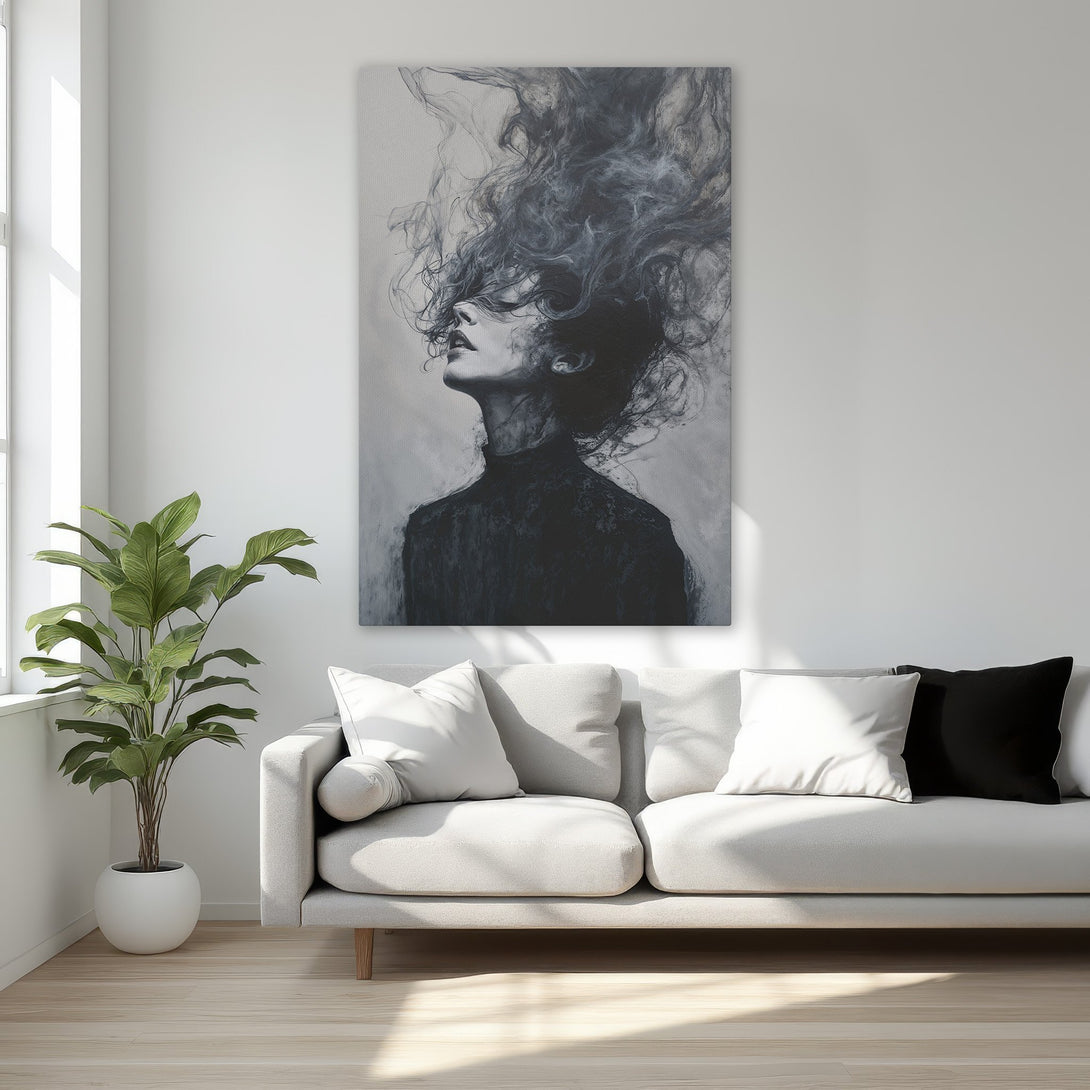 Framed Wall Art: Dramatic portrait in black & white. Modern art canvas print of a woman with flowing hair, perfect for bedroom decor.