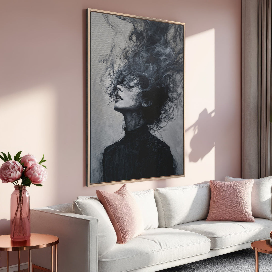 Framed Wall Art: Abstract portrait in grayscale, displayed in a modern living room. Soft pink and neutral tones create a stylish, calming aesthetic.