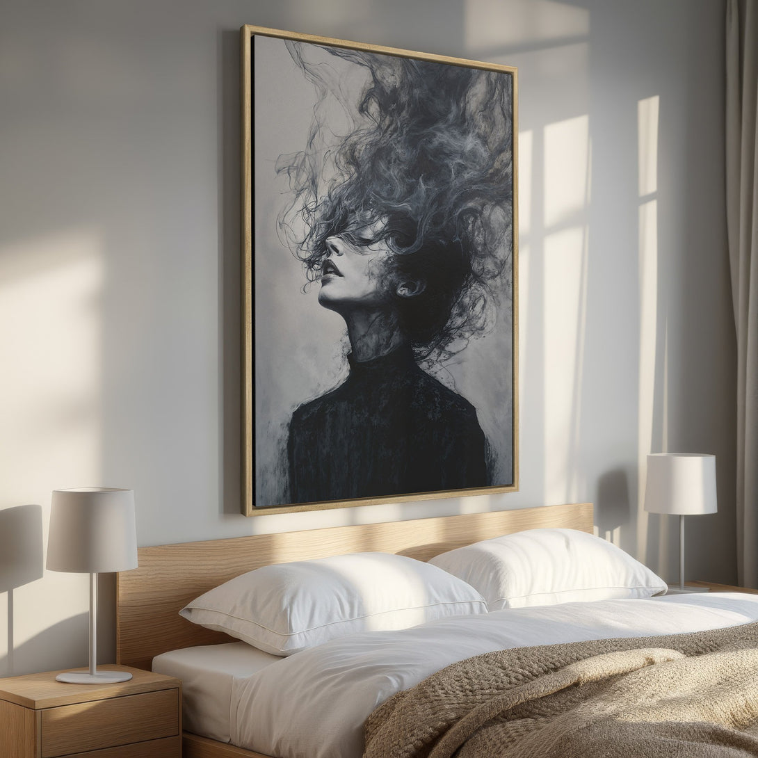 Framed Wall Art: Dramatic black and white portrait canvas print of a woman with flowing hair, perfect for bedroom decor. Modern art in grayscale palette.